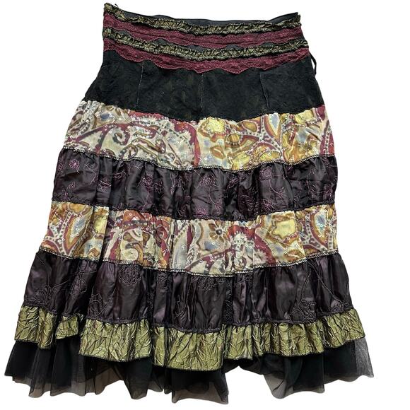 Des Fillas A LA Vanille Paris Boho Patchwork Multicolor Paisley Lace Skirt- M/L - Picture 1 of 8